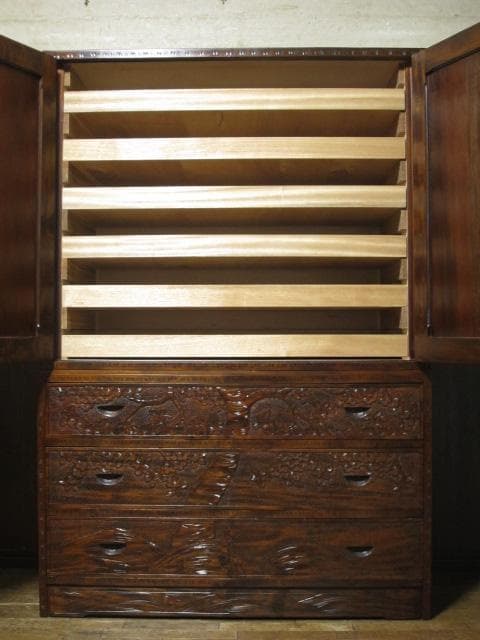 伝統工芸 軽井沢彫り 栃 無垢材 桜 彫刻 和箪笥/衣装箪笥/整理箪笥/着物箪笥