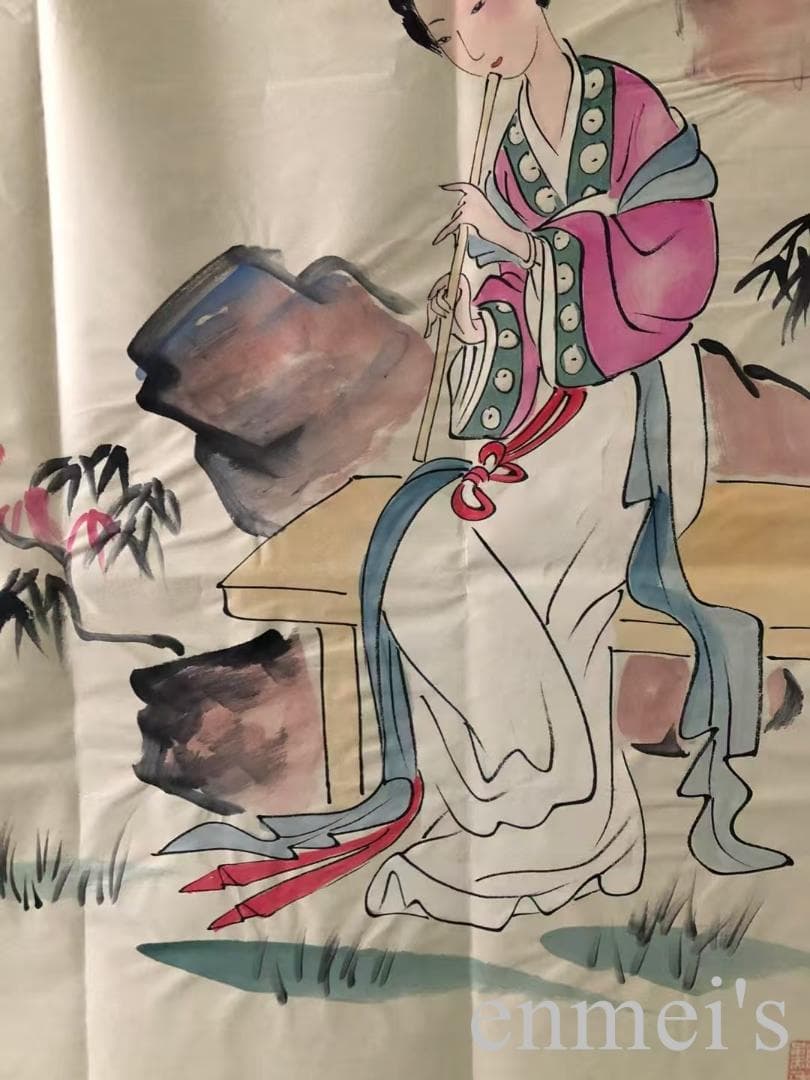 中国古美術・純手描き仕女図三尺画芯・水墨・彩色画・張大千印款・書道品・带水印・書