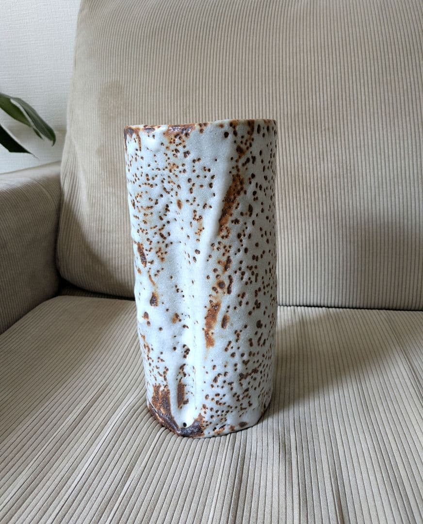 加藤春鼎 鼠志野　円筒花入　花器　花瓶 志野　大型　作家もの