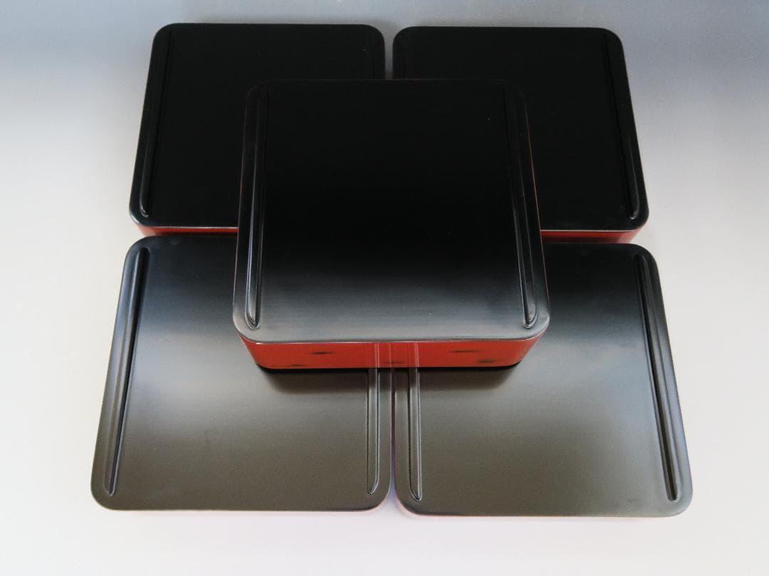 【輪島塗】根来研出 五段重 堅牢優美 徳野漆器店 朱塗 蓋二枚付 天然木 共箱