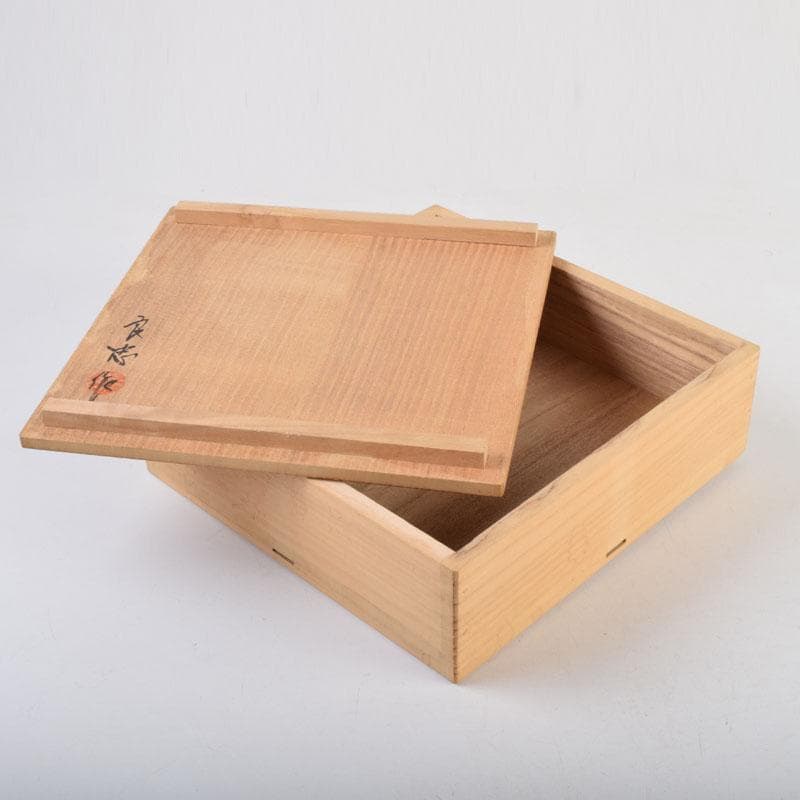 ガラス工芸　荒木良忠作　玻璃彫刻　銅赤花ノ輪文皿　共箱　C　9155