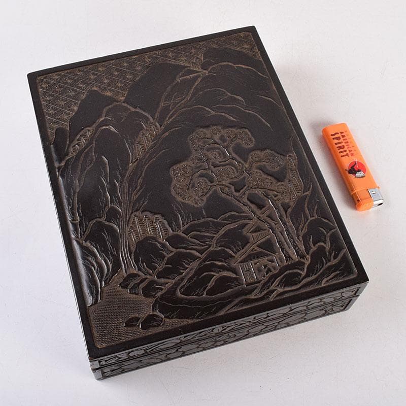 中国　漆塗　山水人物文　文箱　硯箱　V　R8958