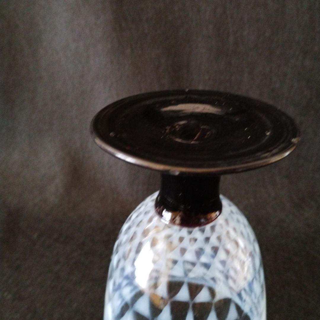 氷コップ　和ガラス乳白透かし鱗文なつめ型黒脚