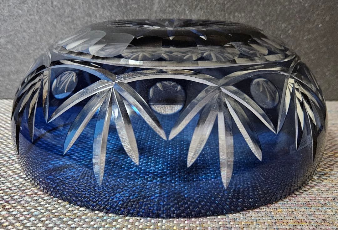 江戸切子　現代作品　青色被せ切子硝子 ガラス　鉢　菓子鉢　茶道具　茶器　共箱