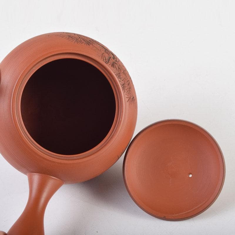 前茶道具　常滑焼　光松作　朱泥　松漢詩刻　横手急須　V　8654