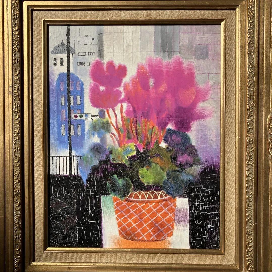 油彩　角田知可彦　「窓辺のしくらめん　F6」