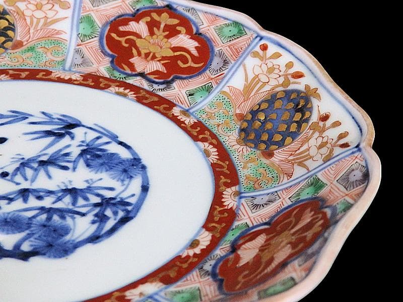 古伊万里　金襴手　松竹梅　菊花四方襷紋に花の図　６寸皿　N149AS-CYy