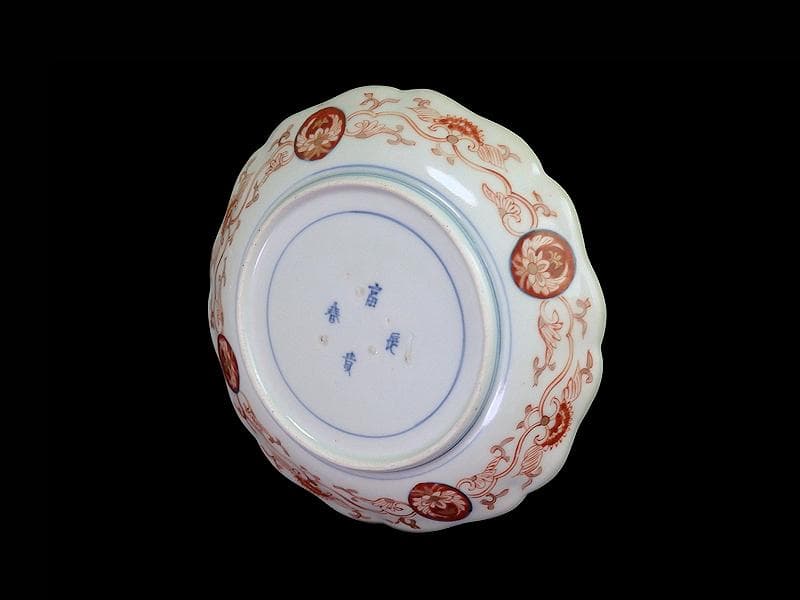 古伊万里　金襴手　松竹梅　菊花四方襷紋に花の図　６寸皿　N149AS-CYy