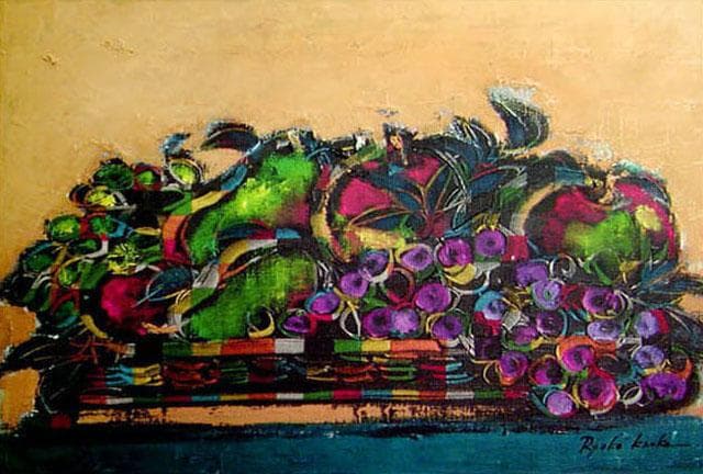 油絵 菅家令子絵 絵画インテリア額付(青緑＋金色の枠) uF6-061104果物