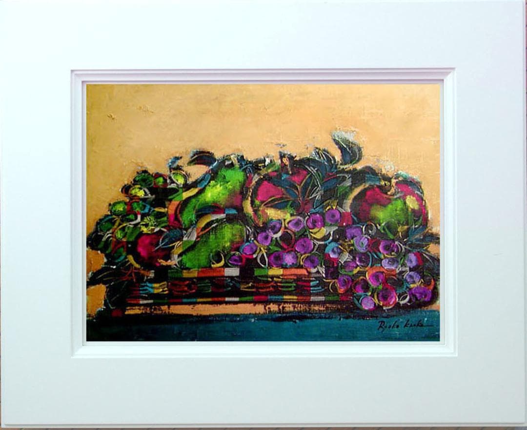 油絵 菅家令子絵 絵画インテリア額付(青緑＋金色の枠) uF6-061104果物