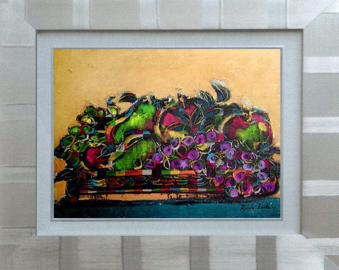 油絵 菅家令子絵 絵画インテリア額付(青緑＋金色の枠) uF6-061104果物