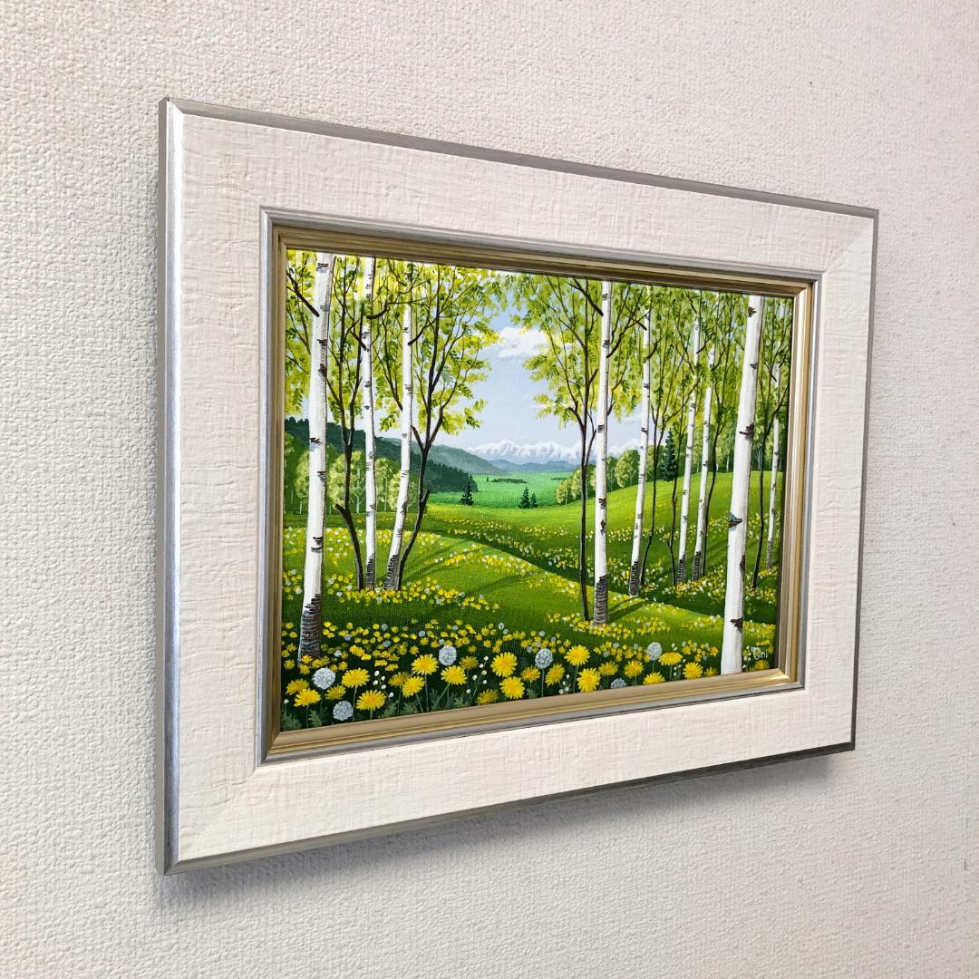 アクリル画　原画　「タンポポの咲くフィールド01」額縁付　F4サイズ　キャンバス