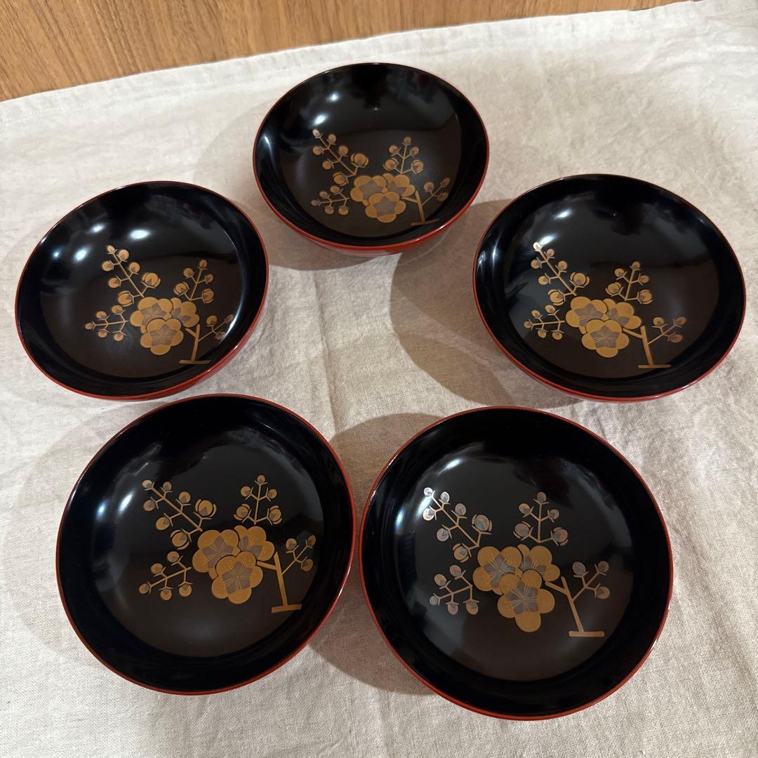 漆器 山田平安堂　平安造　朱色　黒　梅　蒔絵　椀