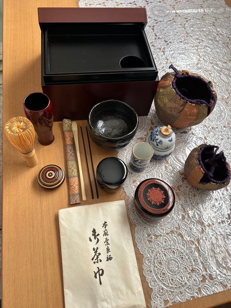 茶道具セット 一式 焦茶箱付き 木箱のサイズ 約高さ14㌢幅21㌢奥行き15㌢