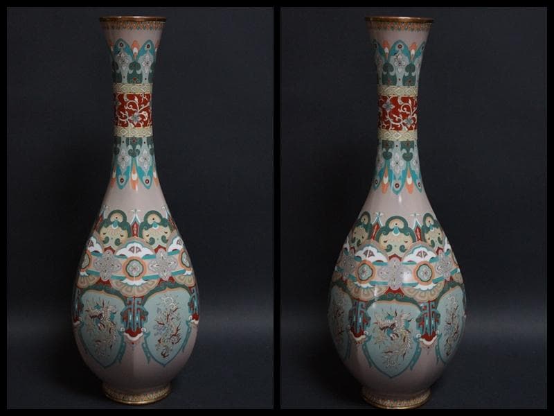 明治期 尾張七宝 銀線象嵌『龍鳳唐草紋』大型飾壺(一対) 面取花瓶