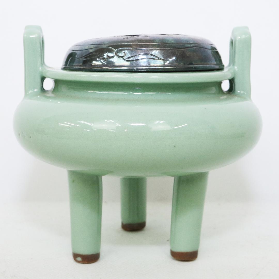 初代 諏訪蘇山 作 青磁 立耳 香炉 共箱 共布　鳳凰透火舎　帝室技芸員