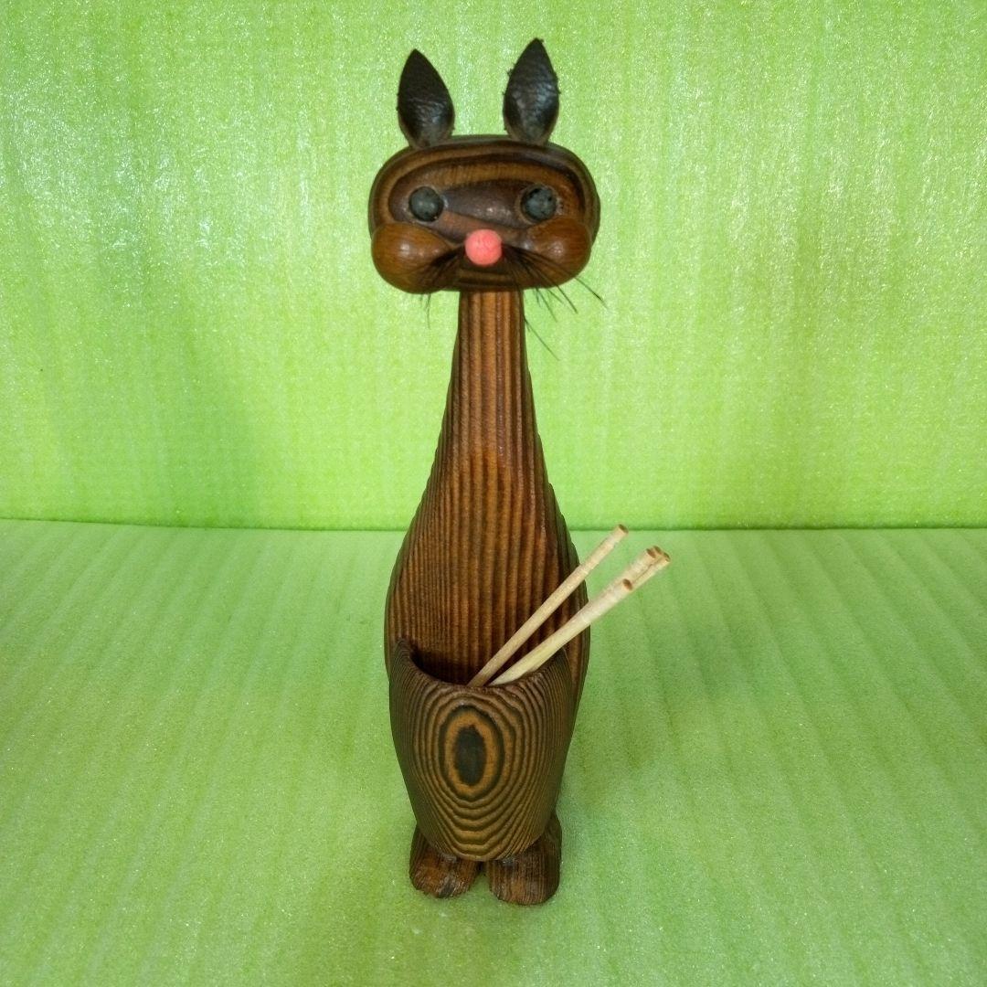 木製　猫型爪楊枝入れ　つまようじ立て　フィギュア　オブジェ　レア　希少
