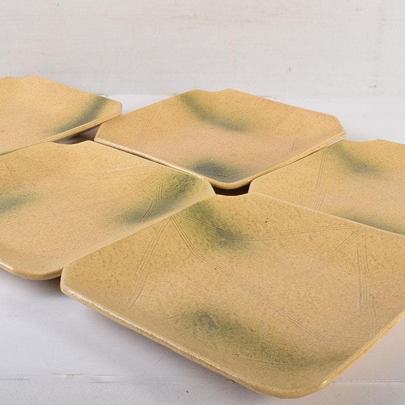 和食器　瀬戸焼　黄瀬戸　美濃不二窯　佐藤和子造　角皿　5客　共箱　VR7786C