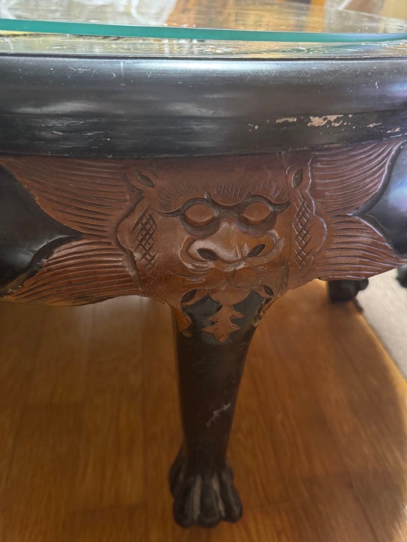 【国分寺】直接引き渡しお願いします‼️中国　木彫り　ローテーブル椅子4脚付き