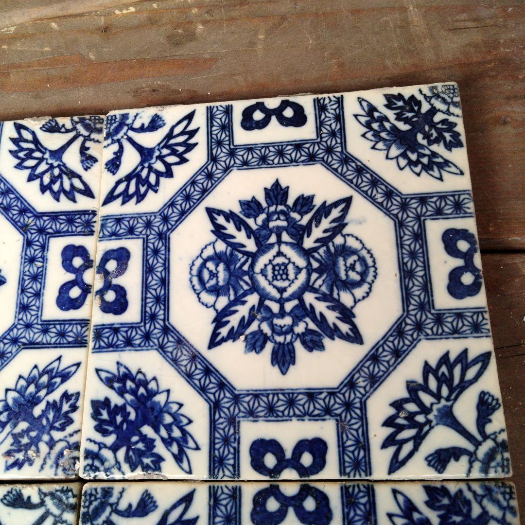 大正昭和時代　青白花柄アンティークタイル　4枚セット
