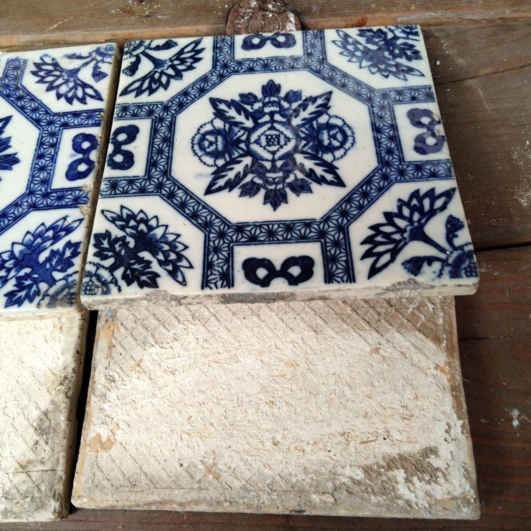 大正昭和時代　青白花柄アンティークタイル　4枚セット
