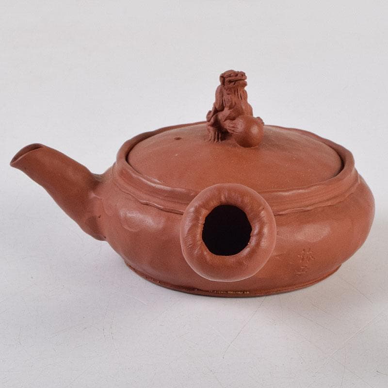 tatsu 　朱泥　獅子摘　手捻文様　茶注　急須　共布共箱　M　R9528