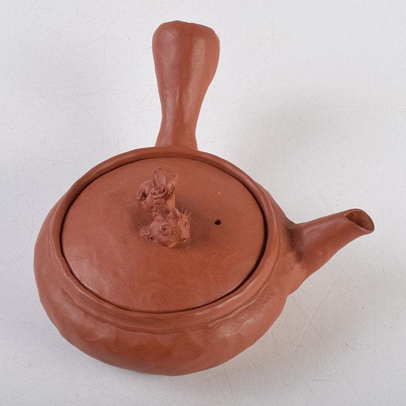 tatsu 　朱泥　獅子摘　手捻文様　茶注　急須　共布共箱　M　R9528