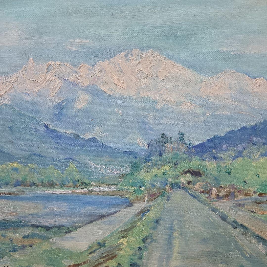 【美品】 肉筆油彩風景画 ホワイト額縁フレームつき「白馬連峰」6号サイズ