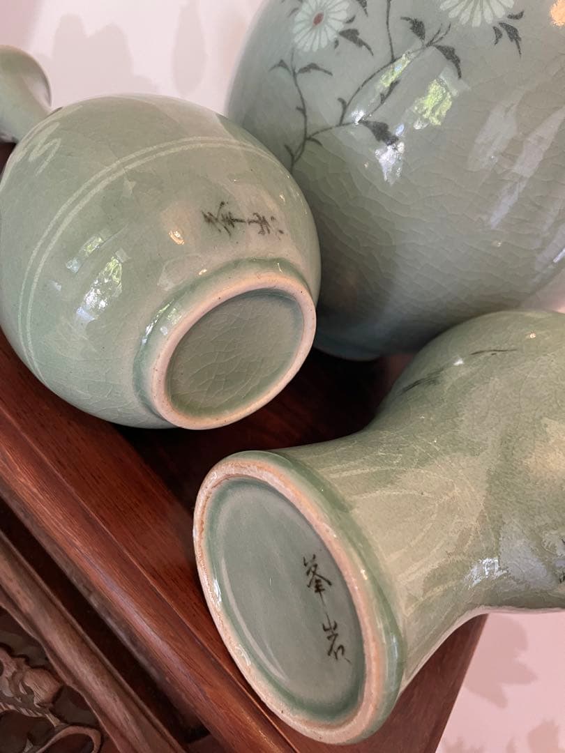 高麗青磁 雲鶴　茶道具　伝統工芸品　峯岩作　華道　高麗青磁　陶器の花瓶3点セット