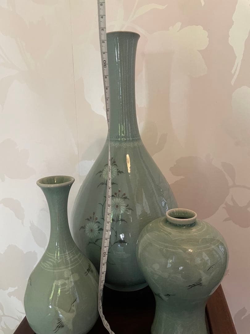 高麗青磁 雲鶴　茶道具　伝統工芸品　峯岩作　華道　高麗青磁　陶器の花瓶3点セット