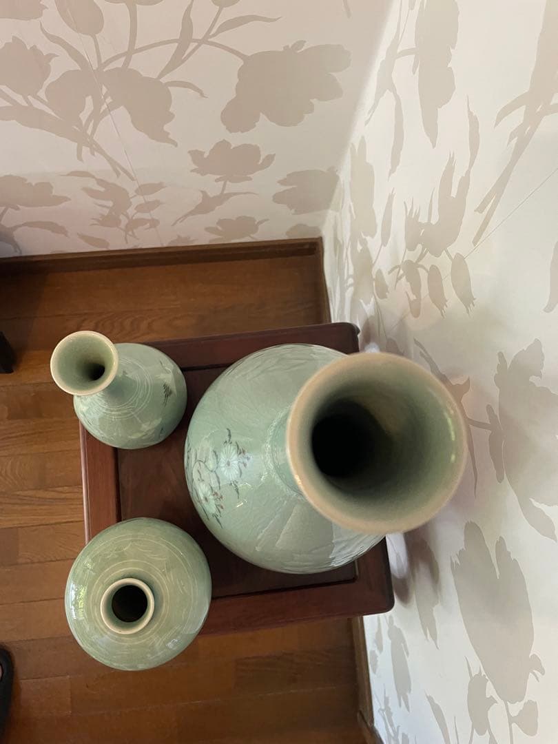 高麗青磁 雲鶴　茶道具　伝統工芸品　峯岩作　華道　高麗青磁　陶器の花瓶3点セット