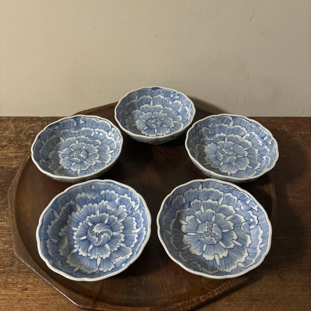 古伊万里　染付なます皿　5枚　膾皿　唐草　アンティーク　古道具　白洲正子　李朝