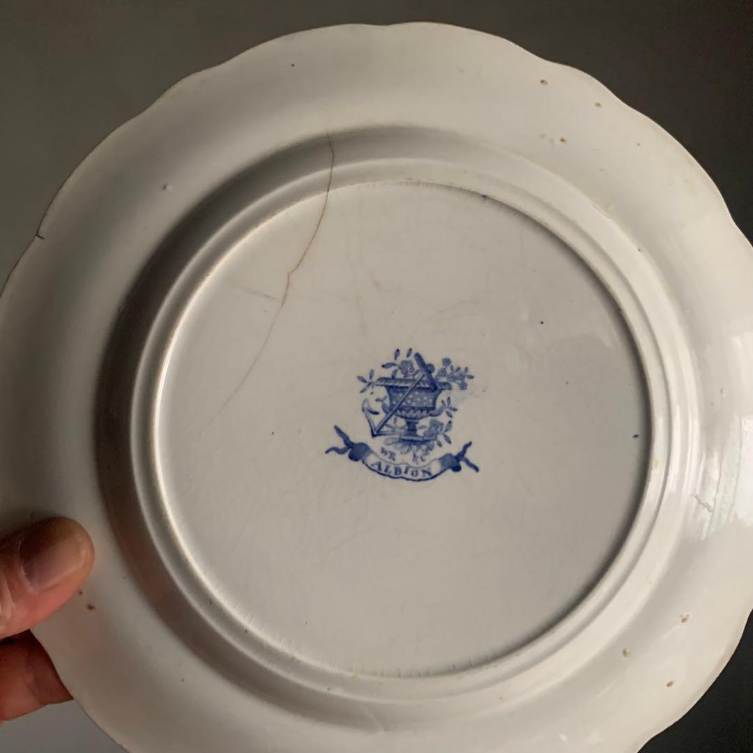 銅板転写 かわいらしい花柄 輪花 プレート 中皿 リム皿 古道具 アンティーク