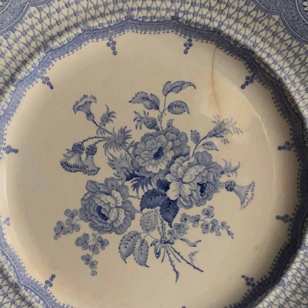 銅板転写 かわいらしい花柄 輪花 プレート 中皿 リム皿 古道具 アンティーク