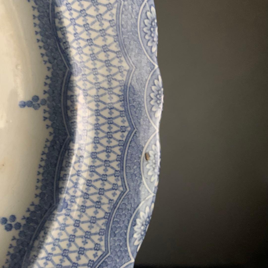 銅板転写 かわいらしい花柄 輪花 プレート 中皿 リム皿 古道具 アンティーク