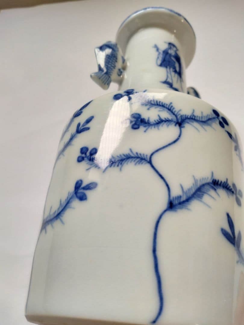 九谷　陶源製　高砂花入　染付鯉耳　華入