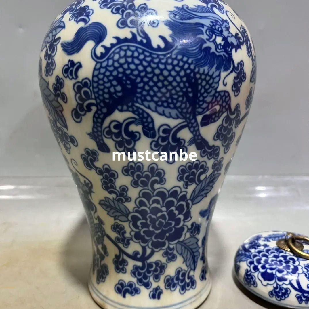 青花纏枝蓮麒麟紋茶蓋缶 景徳鎮 陶磁器 装飾品 現代工芸品 美術品 置物
