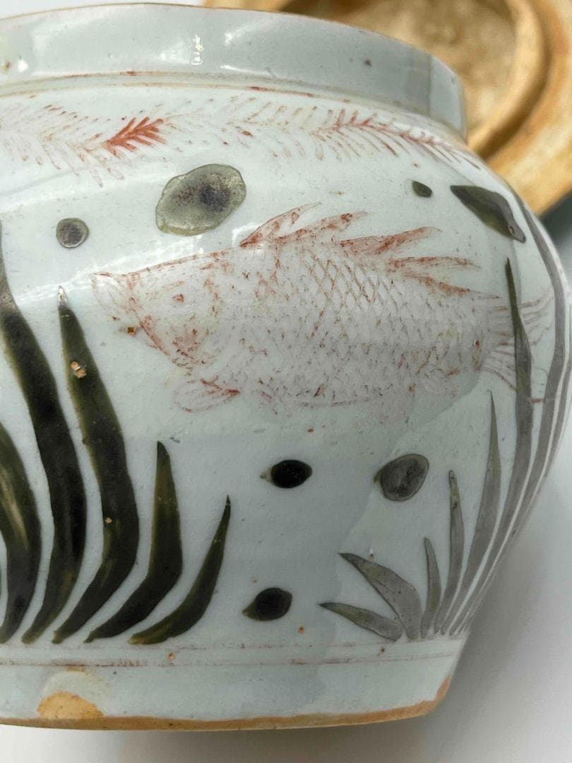 田中 野夫 元時代紅綠彩魚藻紋荷葉型小壺蓋付き茶道具お茶入れ(D-74)