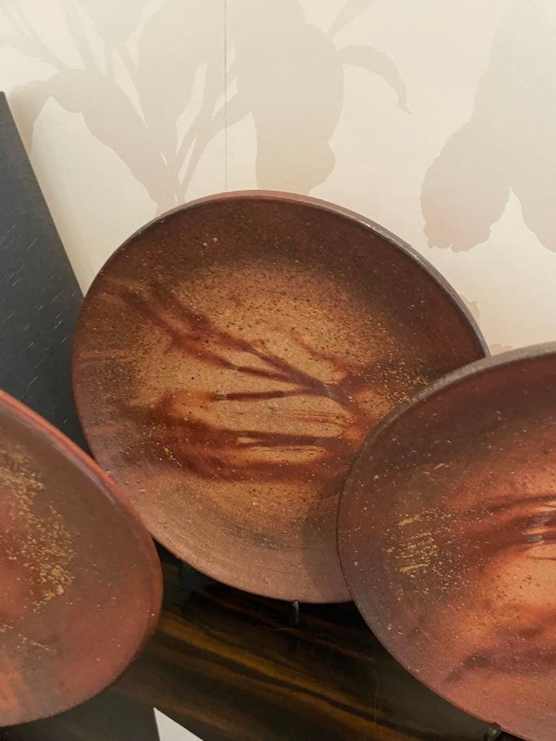 未使用　高級　備前焼　森丁斎作　陶器製装飾皿3枚セット　丸皿