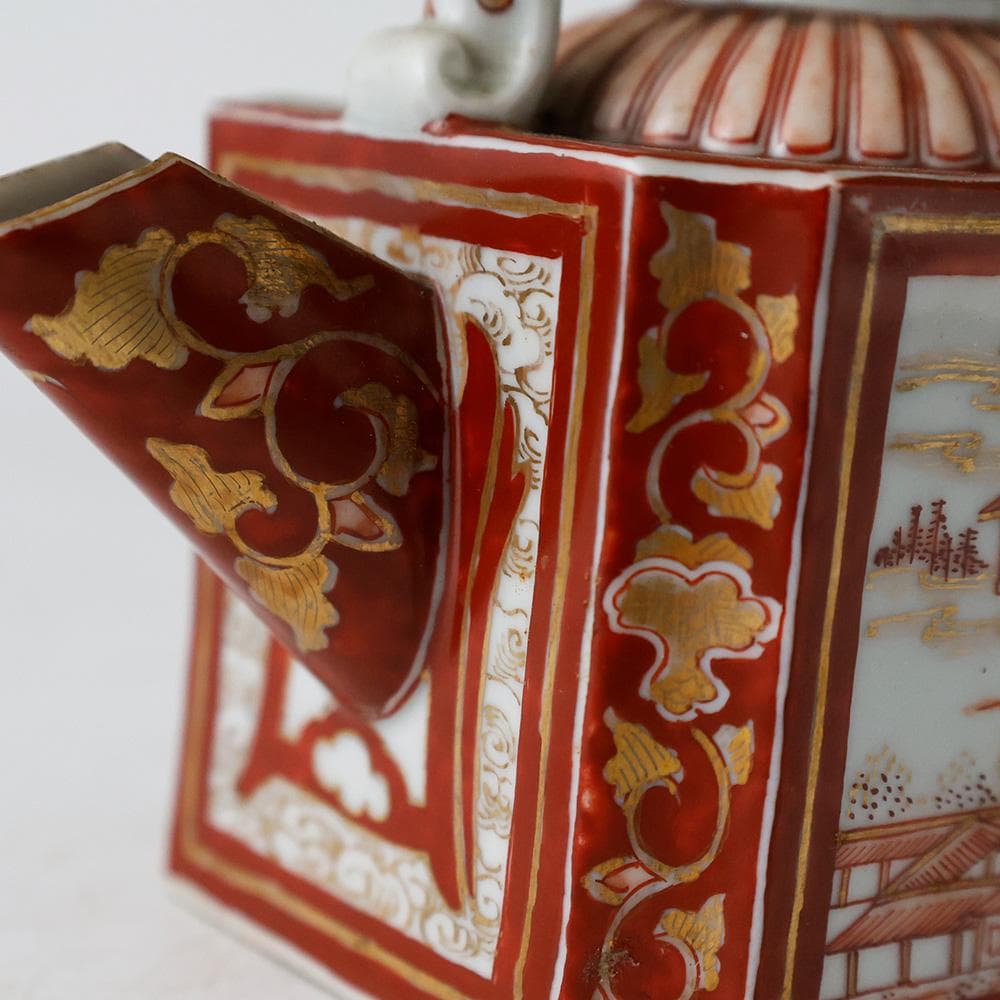 時代年代物 九谷焼 赤絵金彩唐草楼閣図 水注 酒器 煎茶器