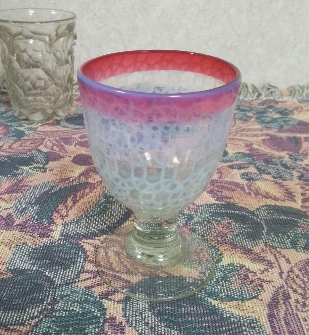 大正時代 乳白赤縁 輪つなぎ文様 なつめ型 太脚 氷コップ