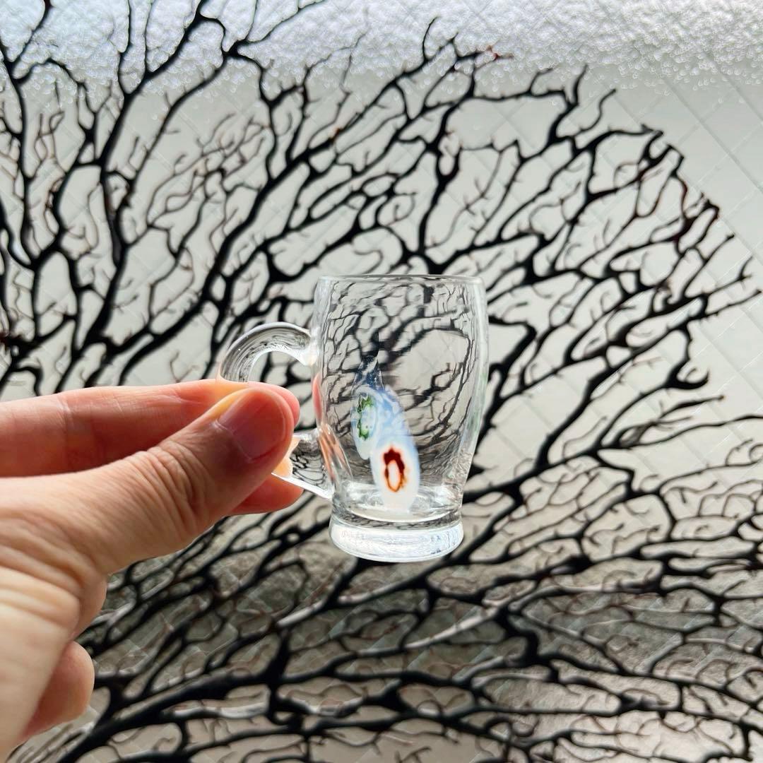 骨董　時代ガラス　超希少花象嵌　蜻蛉玉　風船型　取手付き　氷コップ　ウラン１客