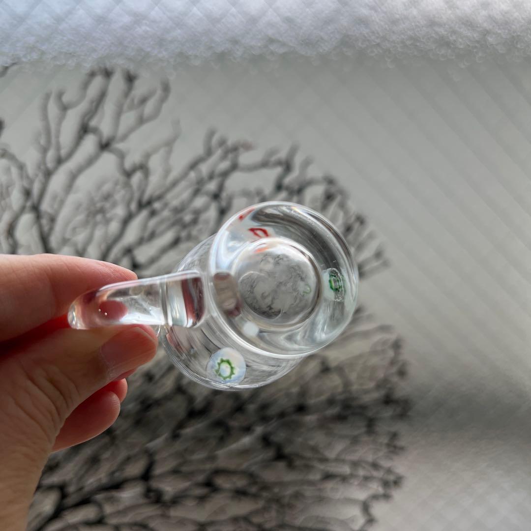 骨董　時代ガラス　超希少花象嵌　蜻蛉玉　風船型　取手付き　氷コップ　ウラン１客