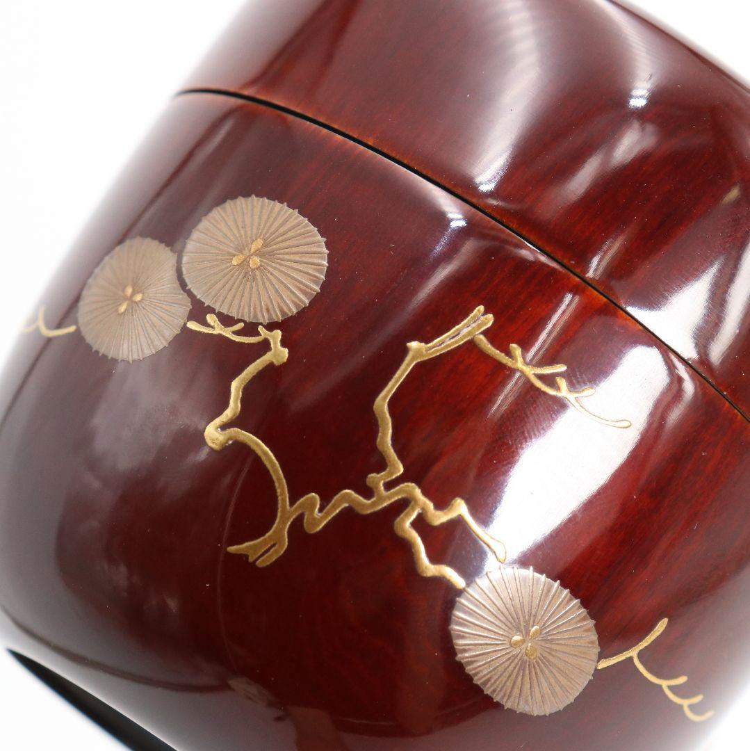 漆匠 高桑泉斎作 唐松蒔絵 溜塗 大棗 二重箱 茶道具 共布　AZ659　NT9