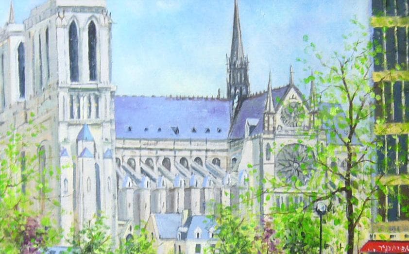 絵画 梅沢民雄 肉筆油絵 風景画 ノートルダム大聖堂