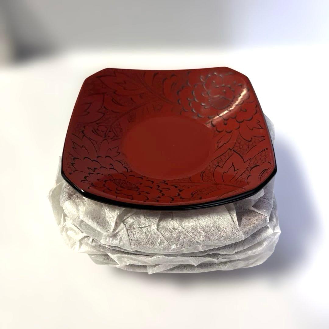 千舟生選　輪島塗 輪島塗　漆器　伝統工芸　茶托　皿　赤漆　5枚　沈刻