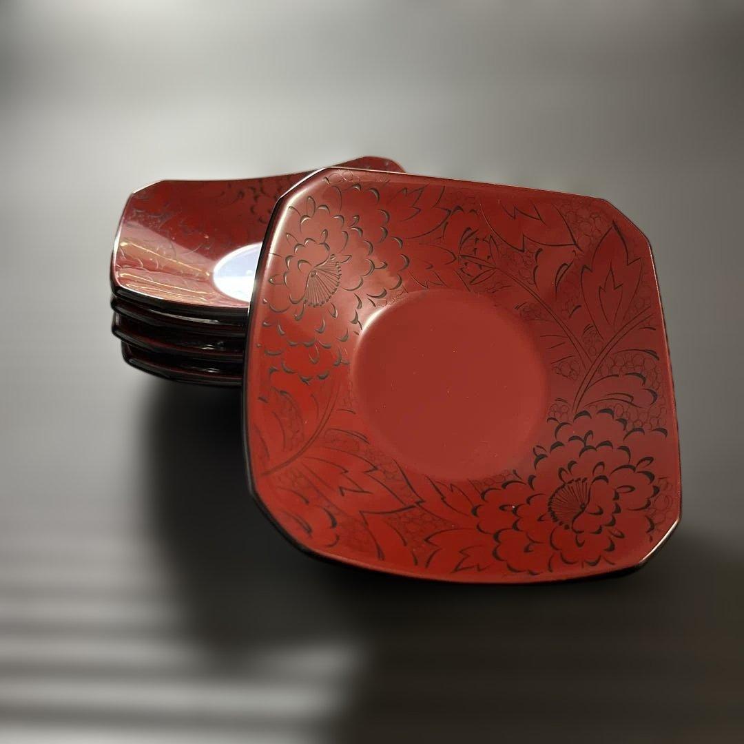 千舟生選　輪島塗 輪島塗　漆器　伝統工芸　茶托　皿　赤漆　5枚　沈刻