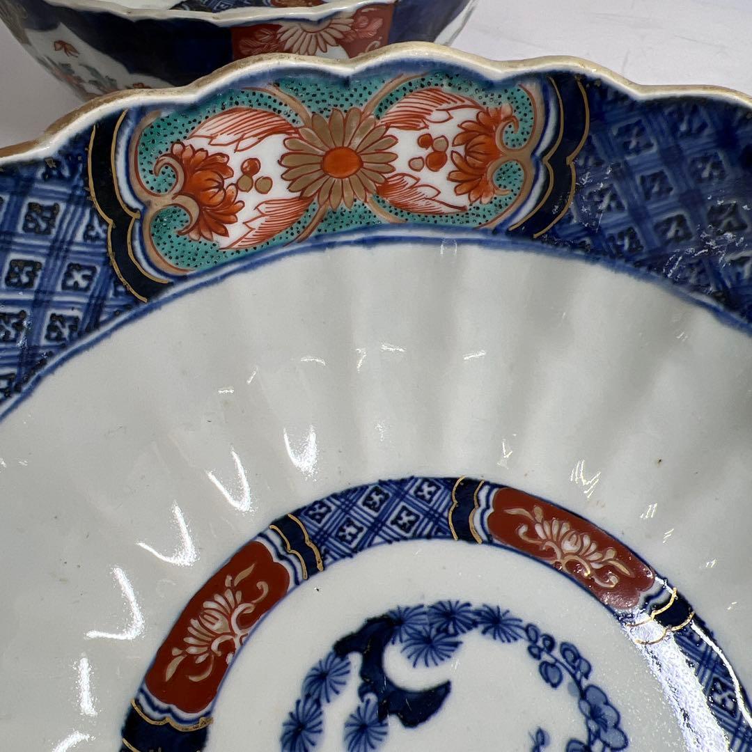 古伊万里　染錦菊割ミツ鉢　木箱　幅約24/21/18㎝　東Y7-0725③タカサ