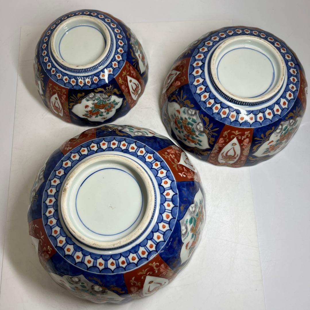 古伊万里　染錦菊割ミツ鉢　木箱　幅約24/21/18㎝　東Y7-0725③タカサ