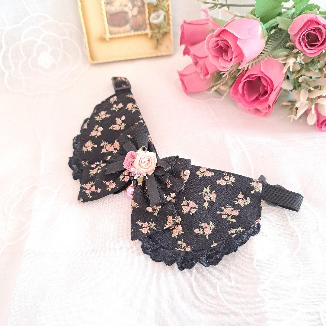 ミニチュアローズ柄(ブラック)わんちゃん猫ちゃん用襟付首輪